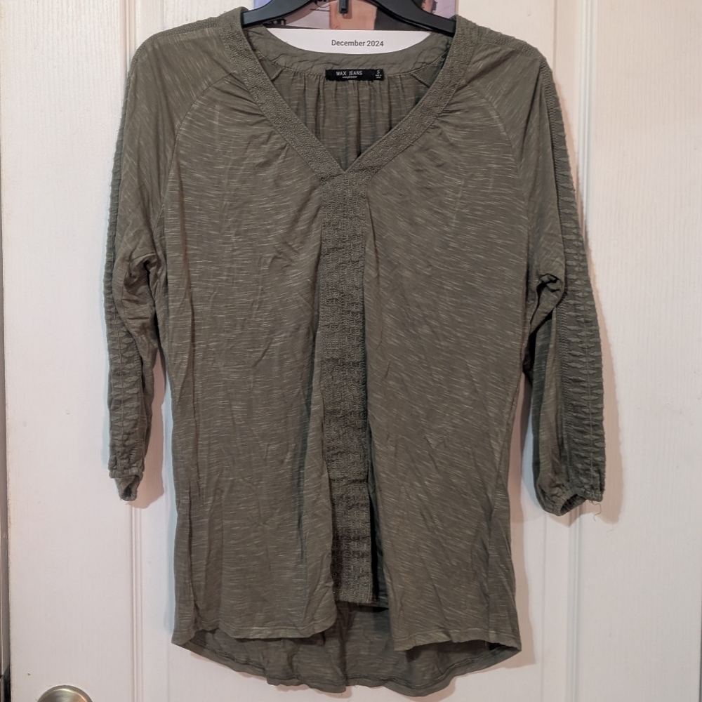 SALE Max Jeans V Neck Green Embroidered 3/4 Sleeve Top Tunic Shirt Women's Y2K M
